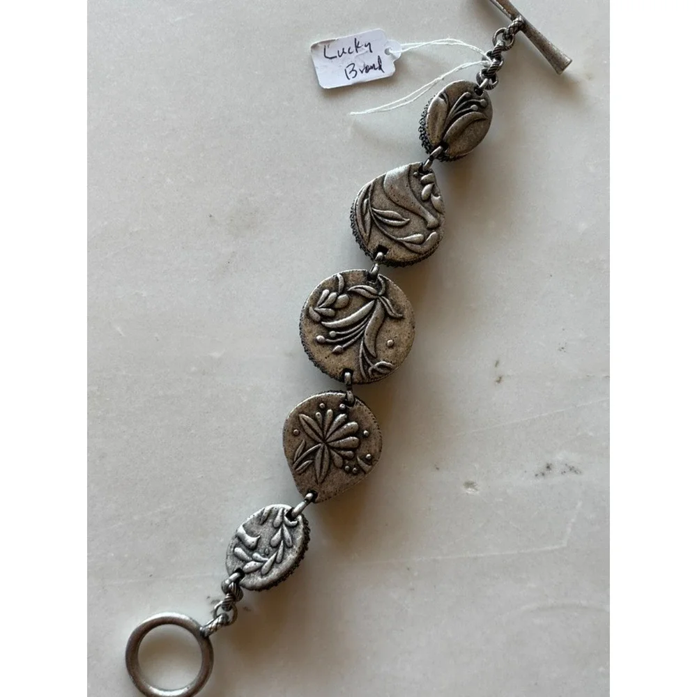 LUCKY BRAND Vintge Reversible Silver Tone Link Bracelet Toggle 8” Green Stones